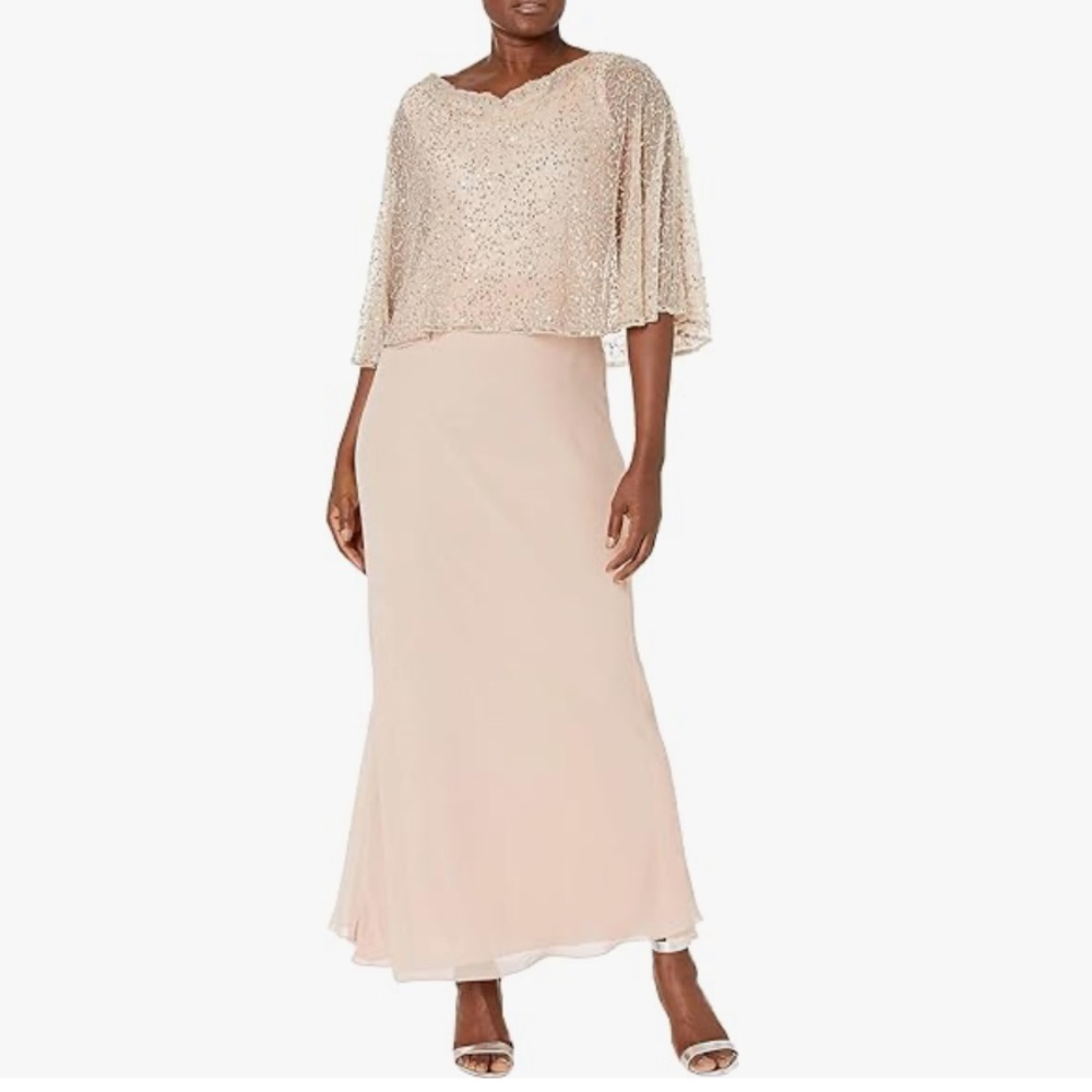 J Kara Sequin Popover Cape Chiffon Cowl Neck, 3/4 Length Sleeve, Size 12 NWT